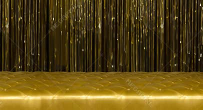Golden couch with buttons and golden curtains