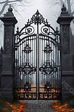 An iron gate at the entrance of a dark, spooky graveyard, scattered autumn leaves, halloween theme, horor