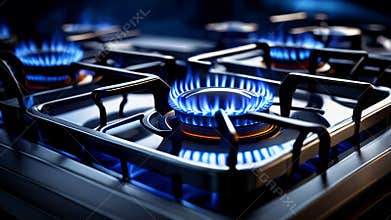 Gas stove with blue flames burning on a dark background