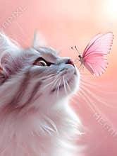 A fluffy cat with striking eyes observes a gentle pink butterfly hovering close to its nose.