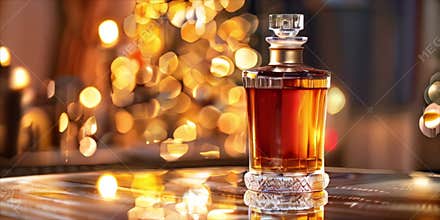 Scotch whiskey or brandy bottle, alcohol drink isolated on the table with luxury golden background and copy space