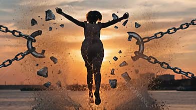 Silhouette of girl jumping with broken chains at sunset, celebrating International Migrants Day