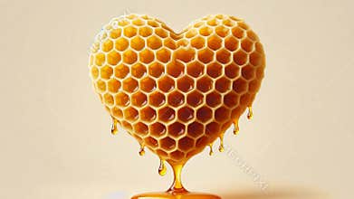 Heart shaped honeycomb dripping with fresh honey on a neutral background, ideal for representing love for nature and