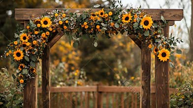 rustic wooden arch decorated with sunflowers autumn foliage, a charming banner idea for a fall weddings decor concept