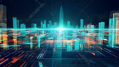 Futuristic cityscape emerging from motherboard circuit board, showing smart cities and tech integration in urban