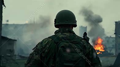 Back view - a lone soldier in a dirty uniform looks at destroyed burning houses.