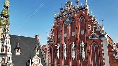 Aerial view of Riga tourist center and Melngalvju nams Blackheads House on a summer day, Latvia