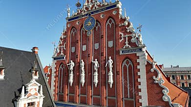 Aerial view of Riga tourist center and Melngalvju nams Blackheads House on a summer day, Latvia