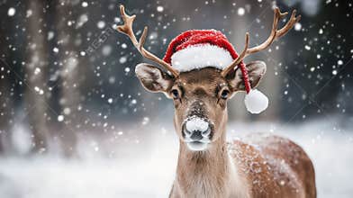Christmas reindeer in red Santa Claus cap in the snowy forest