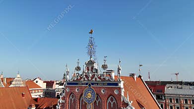 Aerial view of Riga tourist center and Melngalvju nams Blackheads House on a summer day, Latvia