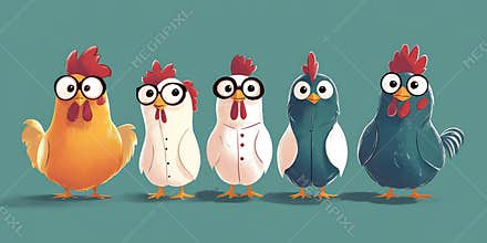 Five chickens wearing clothes and glasses standing in a row