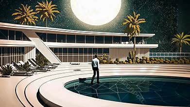 Retrofuturistic landscape in 80s sci-fi style. Retro science fiction scene with futuristic buildings