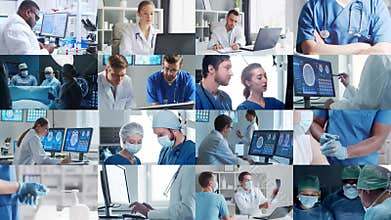 Collection of images featuring medical professionals and scientist in lab and surgery, highlighting teamwork, innovation