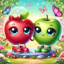 A pair of red and green apples, cute expression, on a stone, with shoes, in a flower garden, butterfly, disney, cartoon