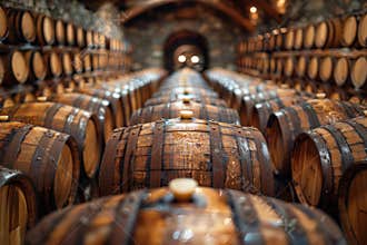 Rows of oak barrels at a distillery for aging scotch whisky and brandy spirits in scotland.