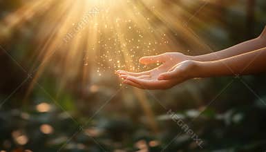 Hands cupped in soft sunlight, evoking serenity, hope, gratitude, and inner peace
