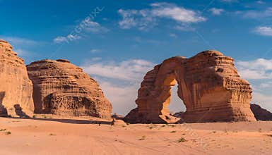 Elephant Rock during the winter in Al Ula, Saudi Arabia: Tourists visiting an ancient area with spectacular rock formations in Al