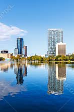 Orlando skyline at Lake Eola Park downtown in fall season portrait format in Florida in the United States