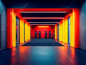 A futuristic, vibrant red and yellow gym interior with modern workout equipment The well-maintained space invites users