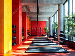 Indoor gym with modern design, black exercise mats, weightlifting racks, adjustable supports, barbell weights, dumbbells