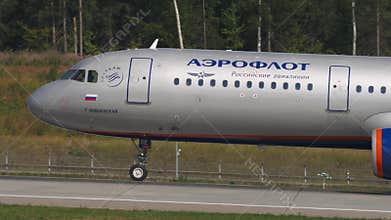 Airplane Airbus A321 of Aeroflot arriving, braking