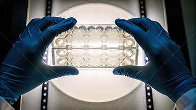 A pair of gloved hands holding a vial of engineered biomaterials reflecting experimental innovations for regenerative