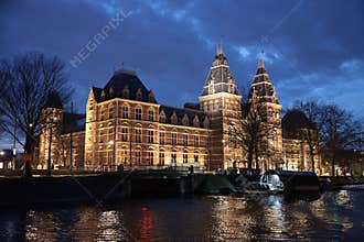 Rijksmuseum in Amsterdam, The Netherlands, night time