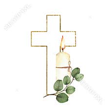 Golden Cross with white burning candle and green branch Watercolor hand drawn religious illustration