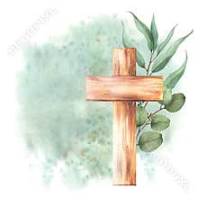 Wooden cross with Eucalyptus plant green branches on Watercolor stains background. Illustration