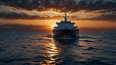 Large cargo ship sailing on calm ocean at sunset