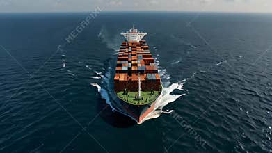 Large container ship sailing across calm ocean