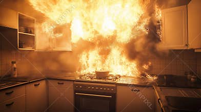 Intense kitchen fire explosion with flames and smoke in modern home