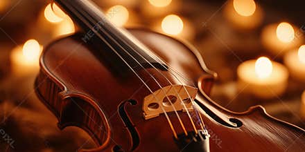 Romantic ambiance with a violin surrounded by warm candlelight