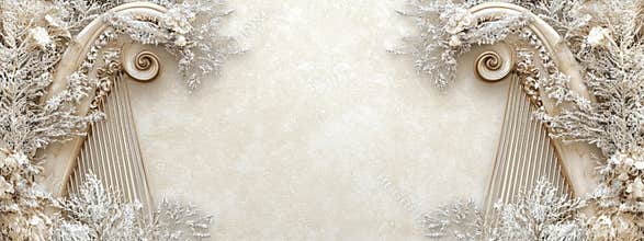 Elegant Art Deco harp border on frosty beige background