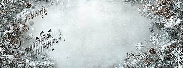 Musical staff border on light gray background with snow garlands