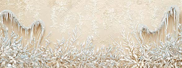 Beige background with baroque harp border featuring snow patterns