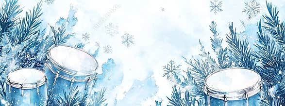Abstract icy drum and snowflake watercolor frame on blue background