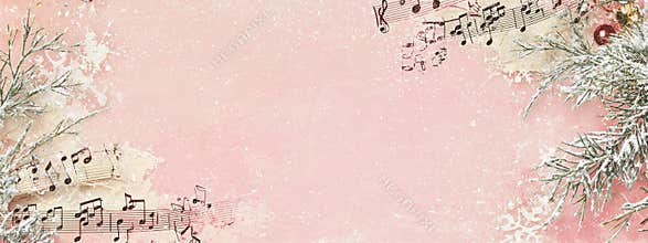 Vintage pink background with music staff border and snow garlands