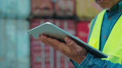 Worker in a Safety Vest Using a Tablet at a Shipping Warehouse During Daytime to Manage Operations and Monitor Inventory