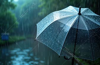 Transparent umbrella protects from rain. Rainy weather in park near water. Water drops on umbrella, around. Heavy rainfall. Dark