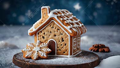 Gingerbread house standing on table with falling snow
