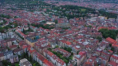 Stuttgart - a sunset or sunrise drone view of the central part of a typical old German town