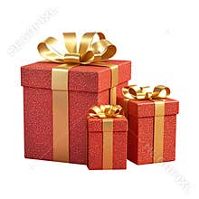 Three red gift boxes for gifts with golden ribbon Christmas, birthday or Valentines day.PNG format. Transparent background.