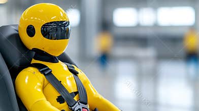 Yellow crash test dummy robot with helmet and seat belts simulating a secure car ride in an automotive testing facility