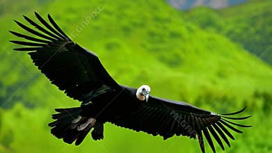 the Andean condor soars across the sky. a majestic bird glides effortlessly. the condor shows its size and elegance.