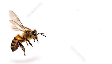 western honey bee or European honey bee - Apis mellifera - closeup side view in flight flying in mid air. isolated on white