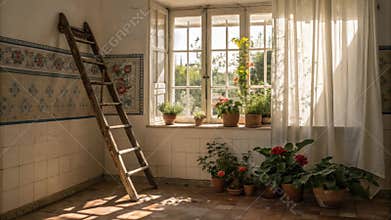 Delicate window treatments allow just the right amount of light to filter in casting gentle shadows on the tiled