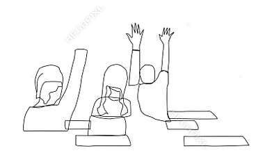 Animated drawing of students raising their hands in class