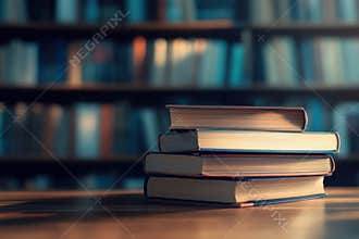 Stacked books on a wooden table in a quiet library during daylight hours