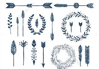 Boho arrow circle frame collection. Hand-drawn African, Aztec, and rustic ethnic doodle arrow borders and ornament